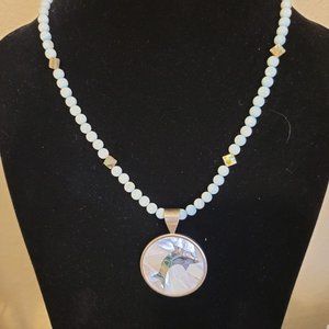 JAY KING DTR 925 SILVER Inlay Dolphin Abalone Pendant & Blue Agate Necklace